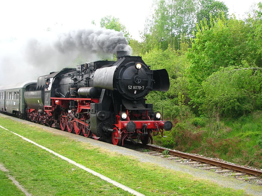 steam locomotive, baureihe 52, br52, ore promising track, railway, rail transportation, train, train - vehicle, mode of transportation, steam train