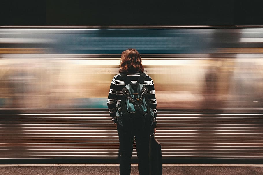 person, wearing, black, gray, sweatshirt, people, woman, wait, train, station