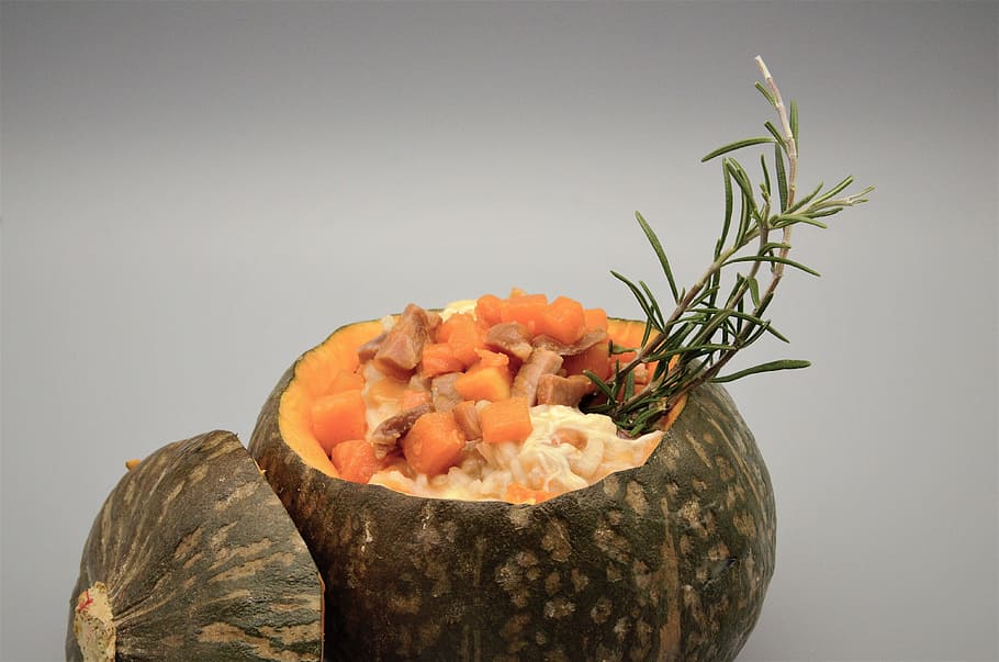 risotto, pumpkin, ham, food, food and drink, healthy eating, indoors, wellbeing, studio shot, freshness