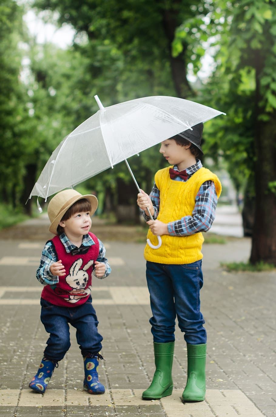 umbrella, street, boys, kids, boots, rain, child, childhood, full length, males