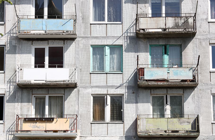 latvia, liepaja, karosta, russian, housing, flats, balcony, run down, old, dilapidated