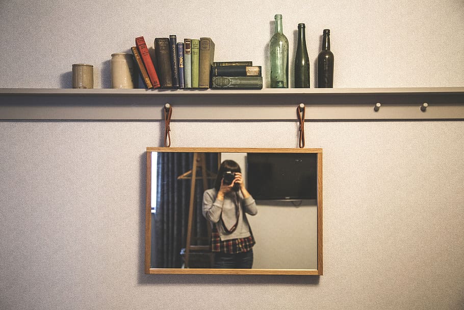 people, woman, frame, camera, shutter, aperture, iso, mirror, wall, books