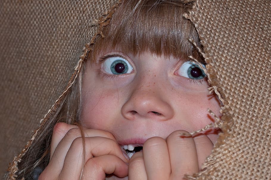girl, hiding, brown, textile, person, human, child, eyes, face, frightened