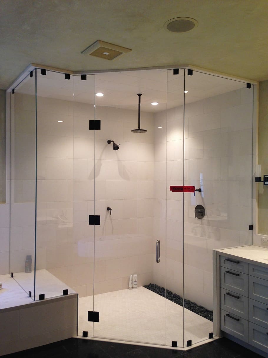 white shower enclosure, Shower, Heavy, Glass, Interior, Design, interior, design, indoors, white color, luxury