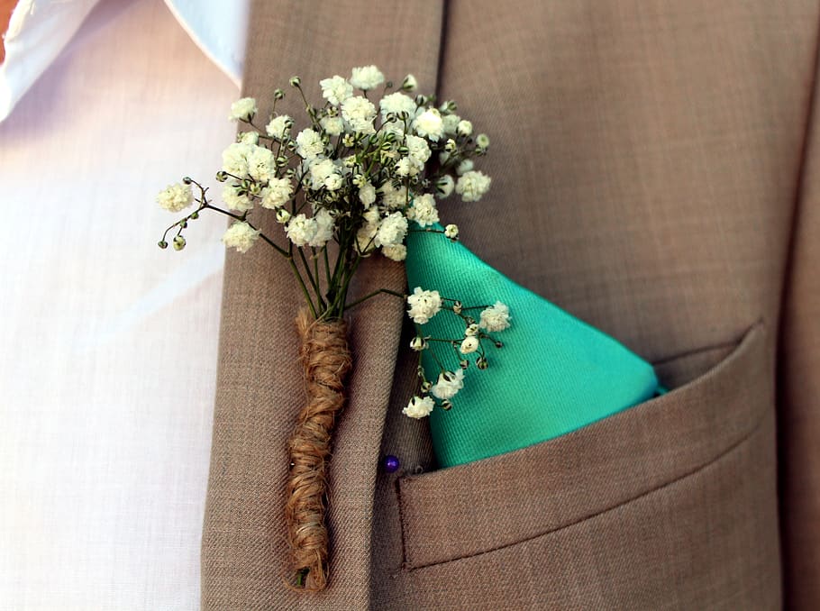 arrangement, flowers, groom, lapel, suit jacket, floral decoration, festivity, wedding, romantic, romance