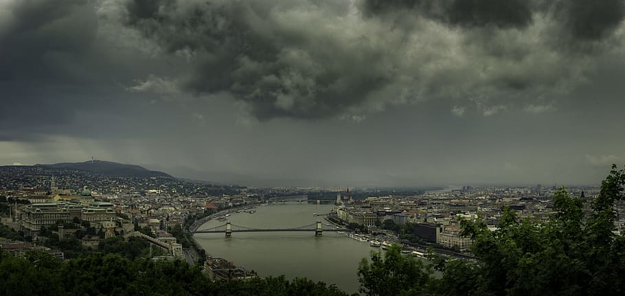 ブダペスト, ハンガリー, パノラマ, 暗い雲, 雨の雲, 建築, 雲-空, 建物の外観, 構築された構造, 都市