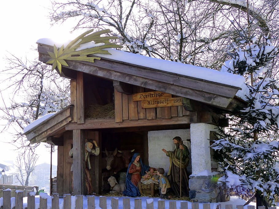 village nativity, crib, figures, uttendorf, christmas, nativity scene, religion, child, ox, donkey