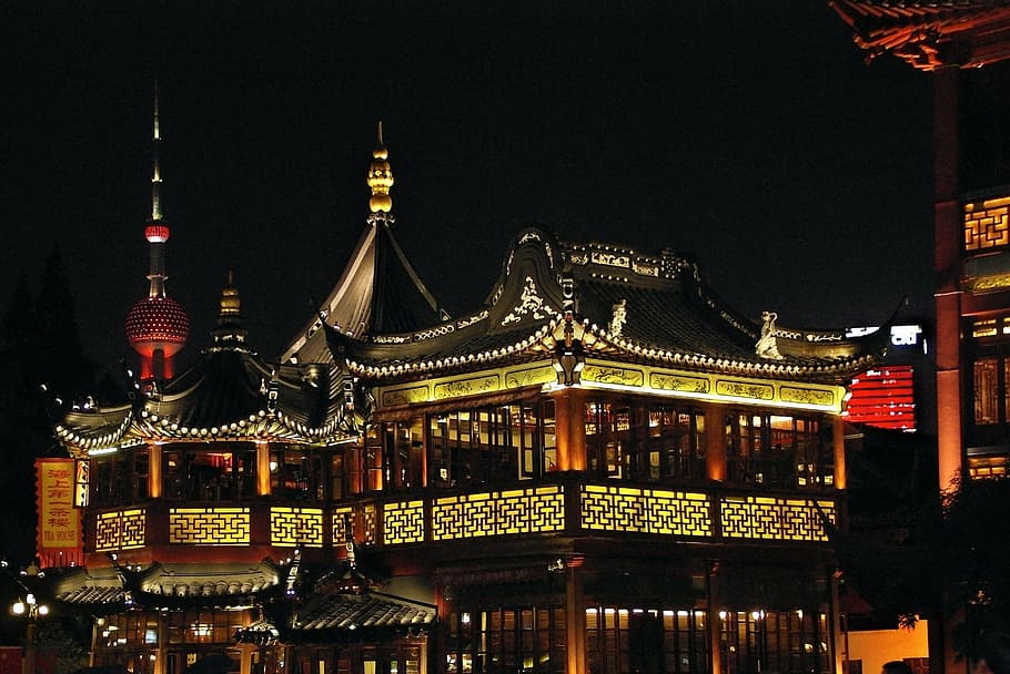 temple, night time, china, shanghai, old town, illumination, pearl of the orient, architecture, night, building exterior