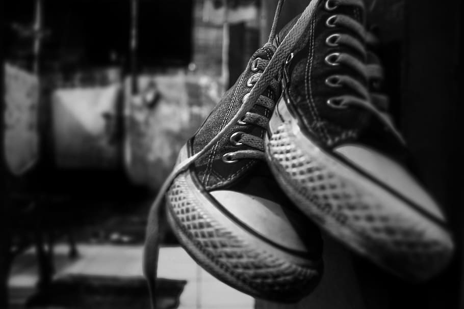 Bw, Vintage, Shoe, monocrome, shoelace, sport, pair, close-up, focus on foreground, canvas shoe
