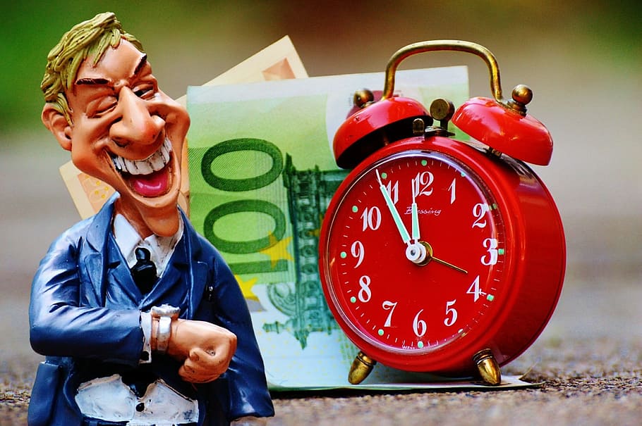 caricature figurine, alarm clock, time is money, businessman, time of, figure, wrist watch, fun, on time, funny