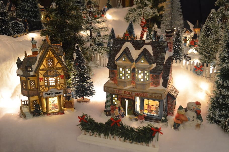 pueblo, navidad, nieve, paisaje, casa, invierno, escena, miniatura, diciembre, enero