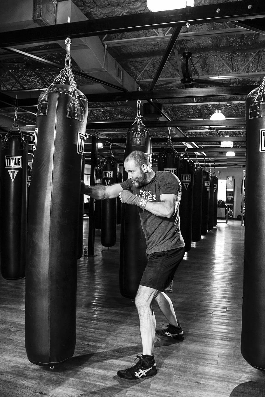 man, wearing, black, shorts, leather, heavy, bag, boxer, boxing, fitness