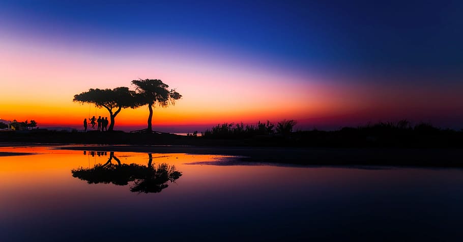 sunset, horizon, greece, panorama, dusk, beautiful, lake, water, reflections, swing set
