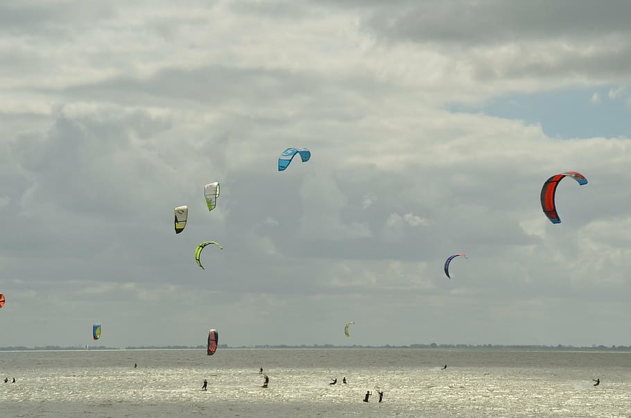sports, aviator, kite, surf, wind, speed, water, air, clouds, threat