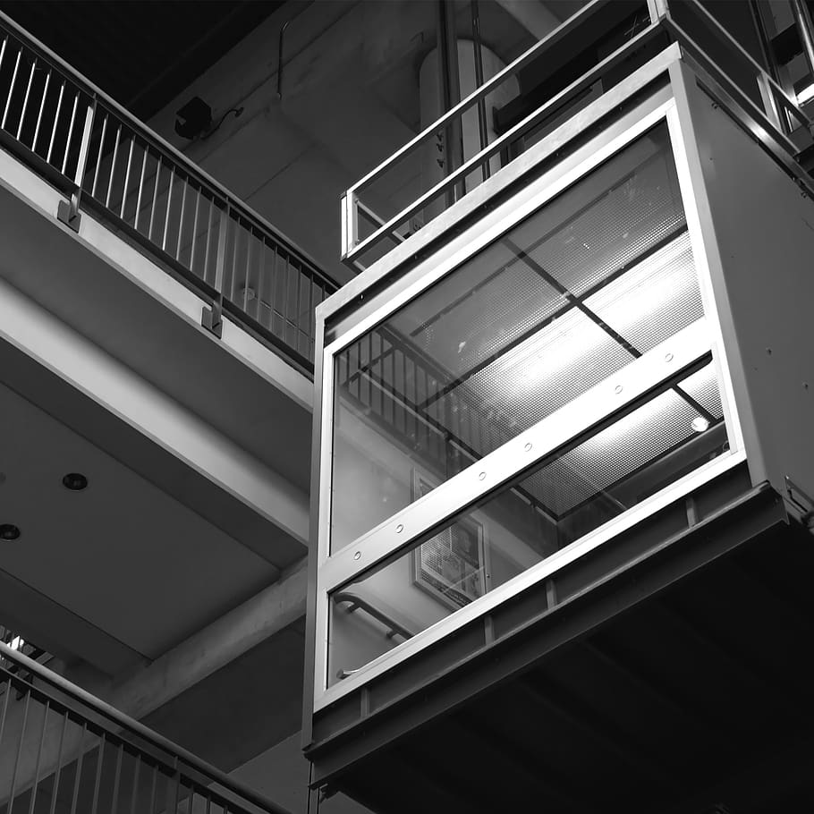elevator, building, architecture, black and white, steel, lift, interior, modern, floor, business