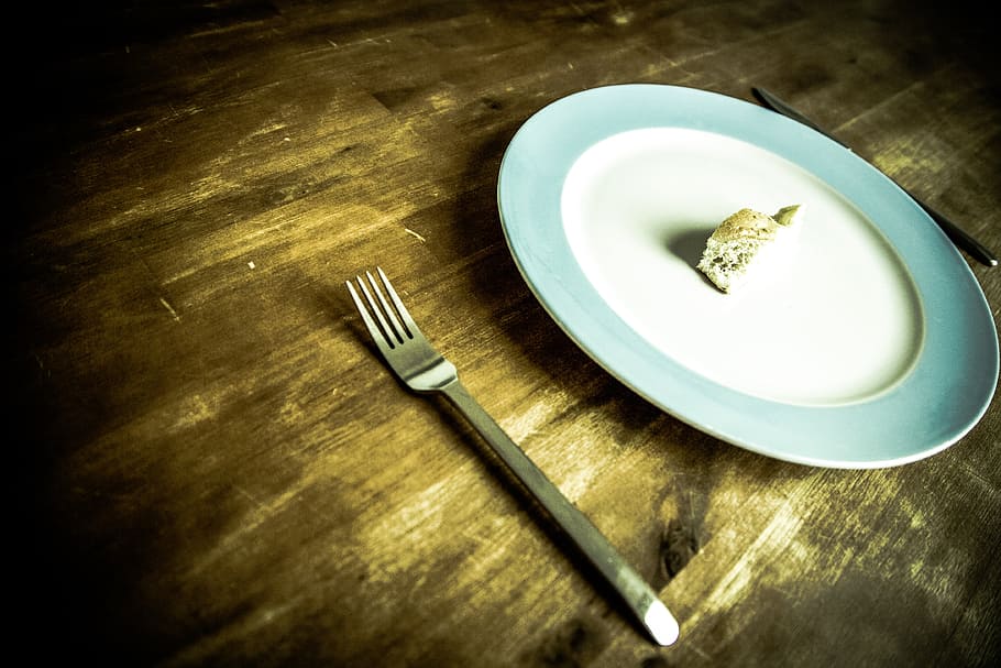fork, plate, table, top, bread, wood, solid wood, vintage, retro, crispy