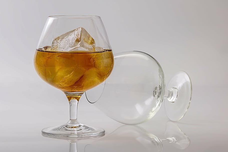 clear, wine glass, half-filled, liquor, ice, brandy, cognac, alcohol, drink, cocktail
