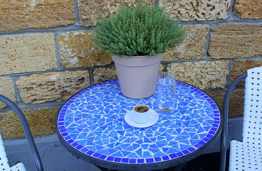 greek coffee, blue table, thyme, culinary herbs, plant, fresh, nature, thymus, coffee, wall - building feature