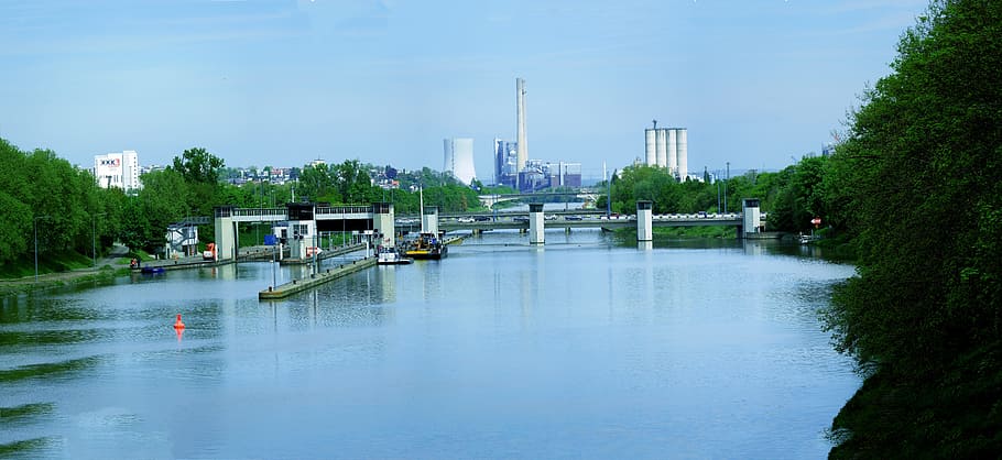 Neckar, Lock, Power Plant, Heilbronn, panorama, river, ship traffic, lifeline, industry, ship