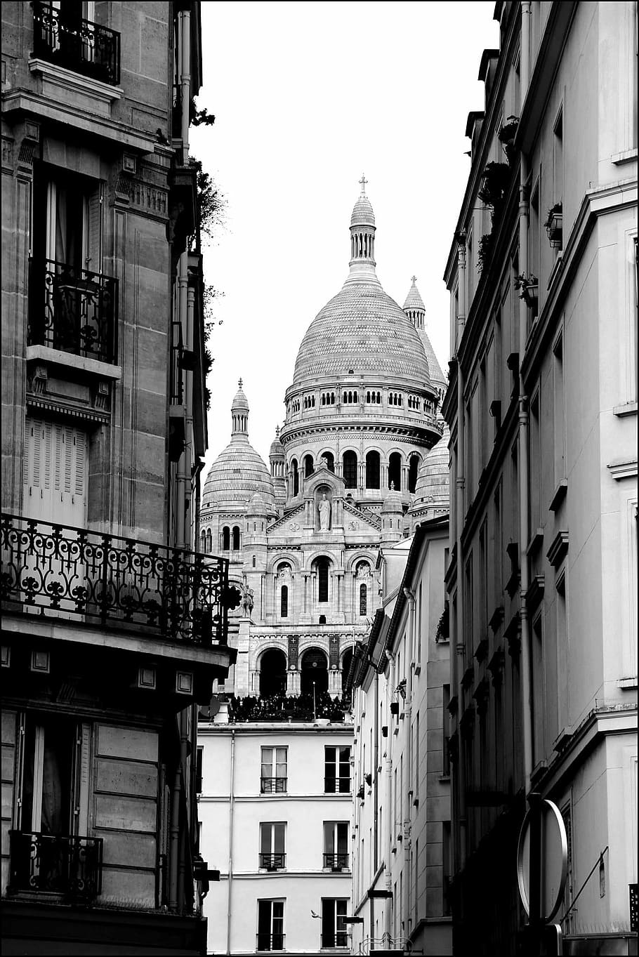paris, sacré-coeur, montmartre, jantung, france, basilica, monumen, jalan, hitam putih, hitam dan putih