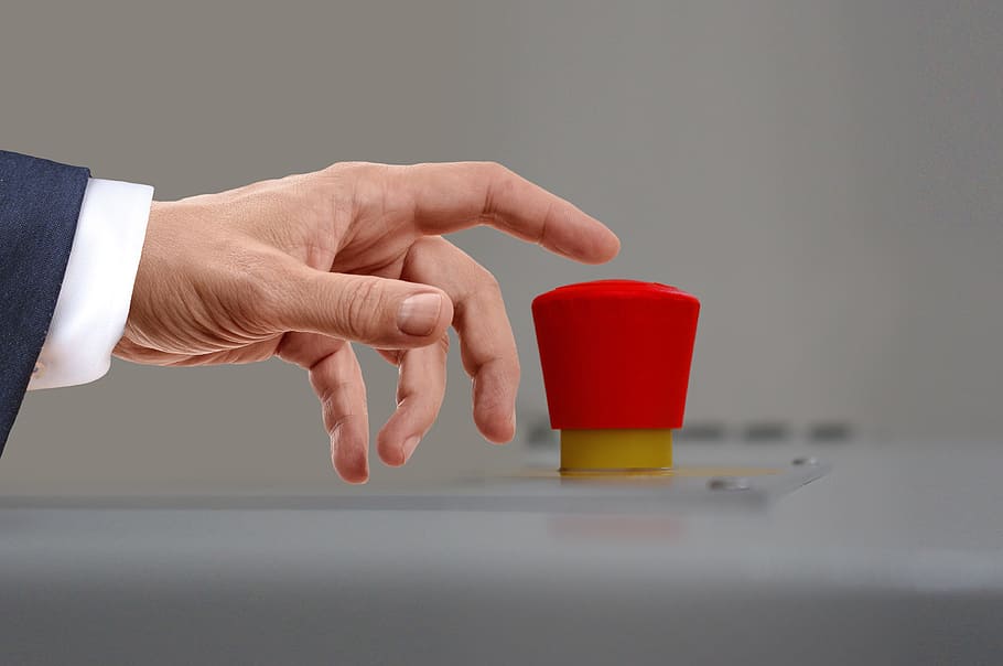 persona, presionando, rojo, botón, guerra, guerra nuclear, dedo, prensa, gatillo, defensa