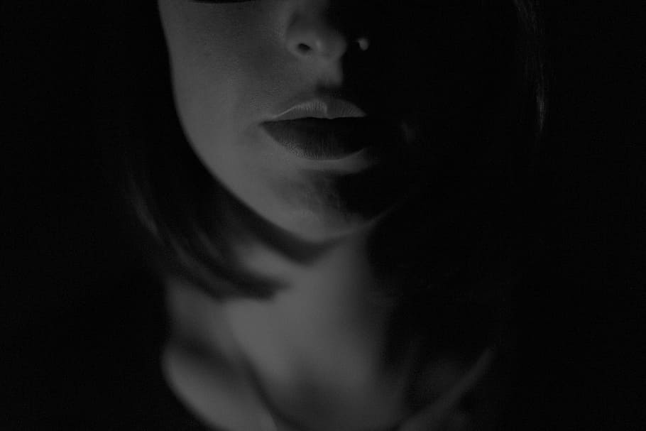 grayscale photo, woman face, face, mouth, lower, part, girl, woman, lips, skin