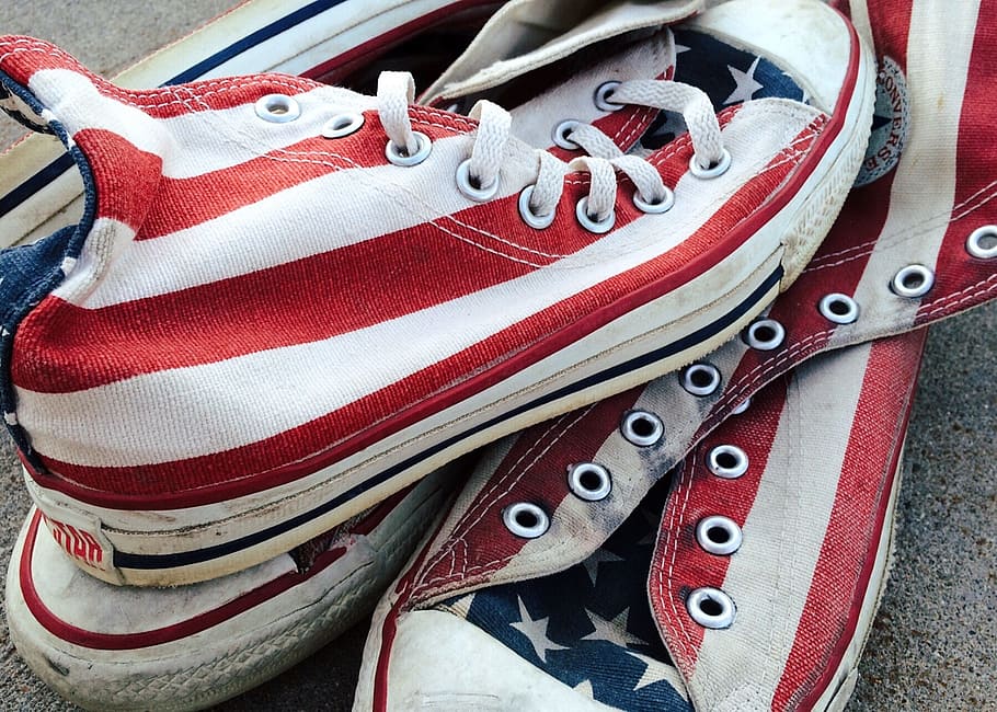 converse, chucks, sneakers, stars and stripes, footwear, aged, red, stack, close-up, day