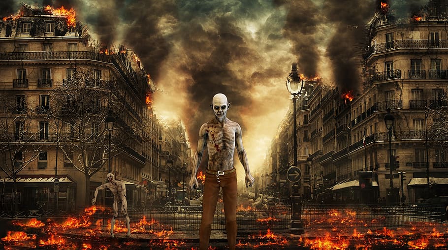 walking dead, resident evil, zombie, zombies, fire, apocalypse, architecture, built structure, building exterior, one person