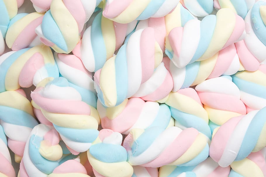 marshmallow, fluffy, sweet, spiral, pastel, multi colored, candy, large group of objects, food and drink, sweet food