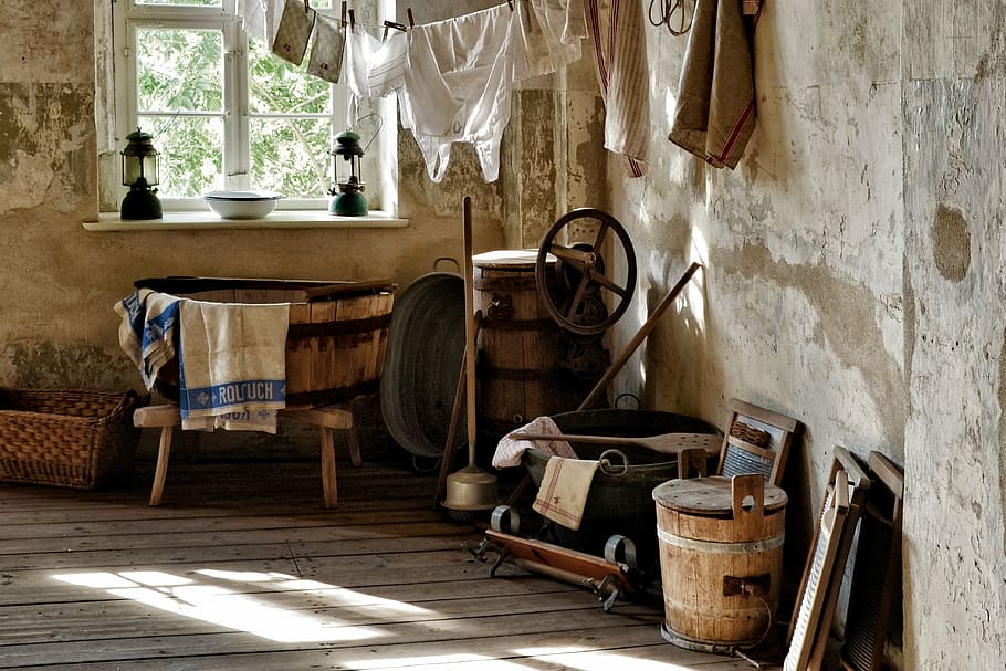 marrom, de madeira, barril, canto, quarto, banheiro, deficiência, velho, historicamente, vintage