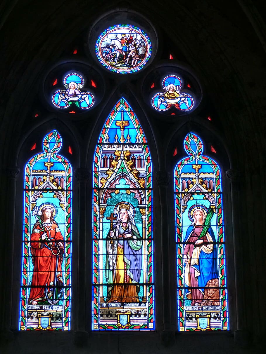 church, window, church window, gothic, historically, vienne, france, woman, holy, stained glass