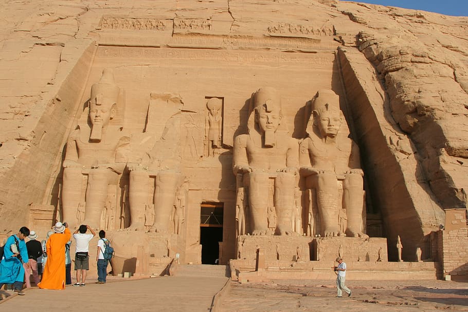 Egito, Aswan, Abu Simbel, Nilo, Rio, templo, ruínas, antiga, céu azul, faraó