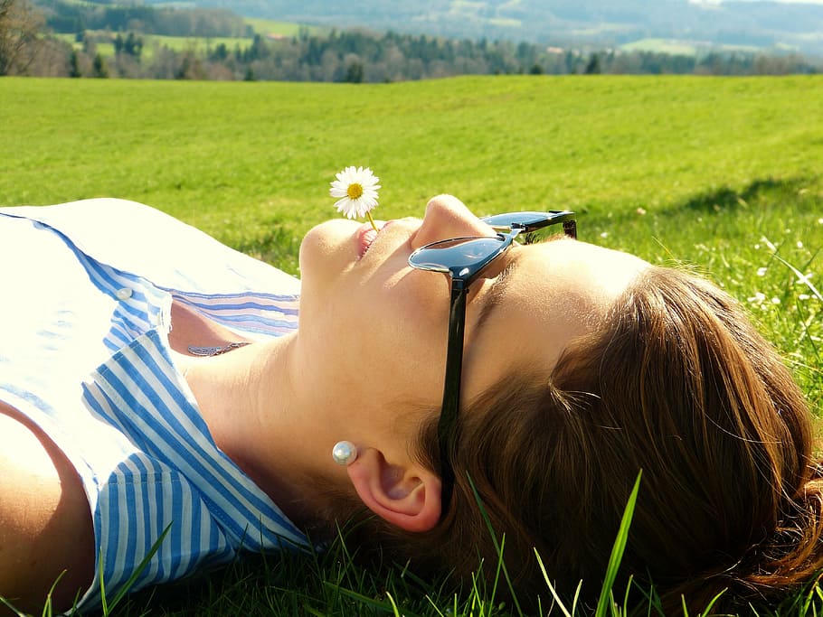 woman, wearing, sunglasses, lying, grass, young woman, meadow, concerns, rest, relax