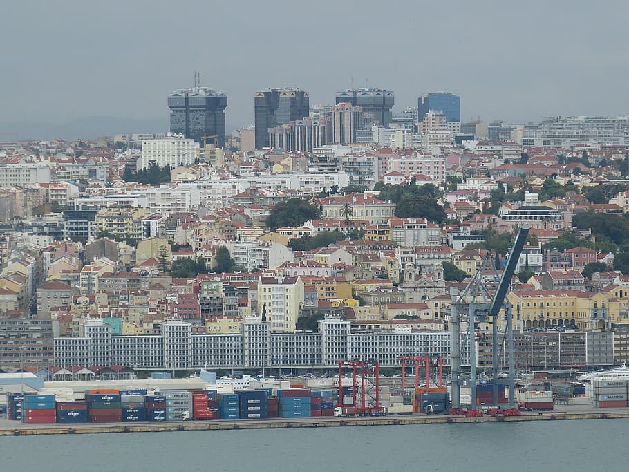 lisbon, portugal, tejo, river, historically, port, container, crane, skyscraper, outlook
