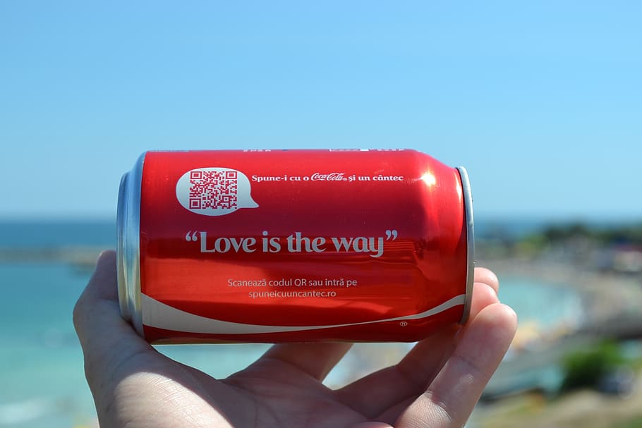 person, holding, red, tin, coca cola, can, cola, coca, drink, soda
