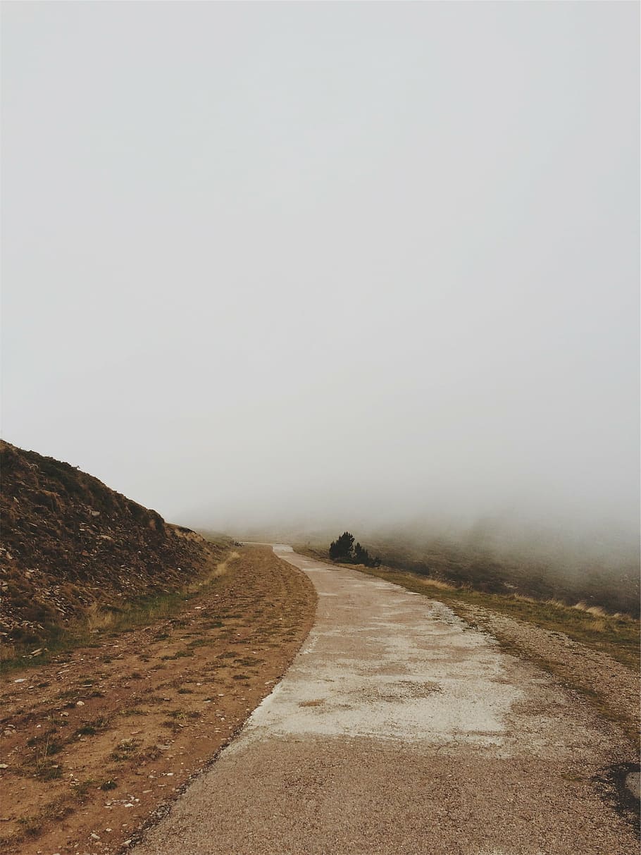 road, hill, fog, brown, asphalt, foggy, time, path, dirt, gravel