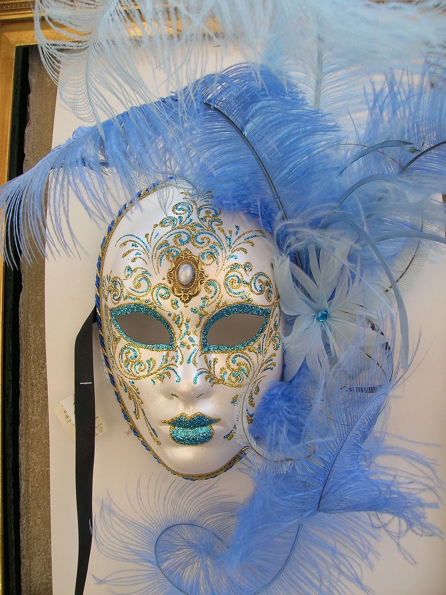 white, gold-colored, blue, masquerade, mask, carnival, venice, italy, costume, fantasy
