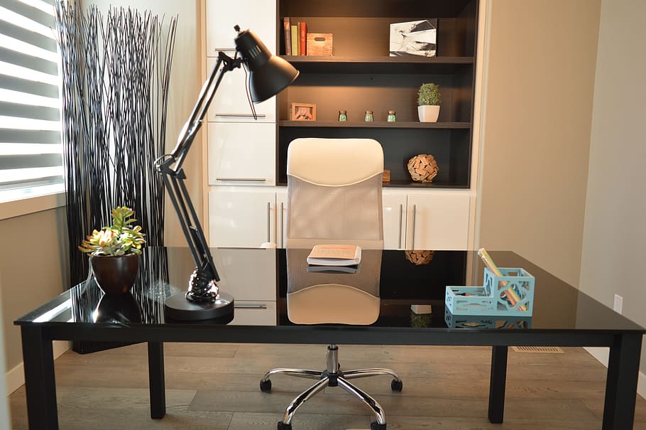 rectangular, black, wooden, office desk, set, office, home, house, desk, chair