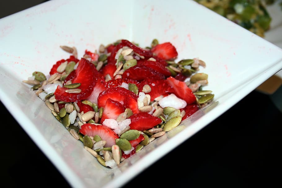food, bowl, strawberries, seeds, pumpkin seed, recipe, healthy food, plate, delicious, natural