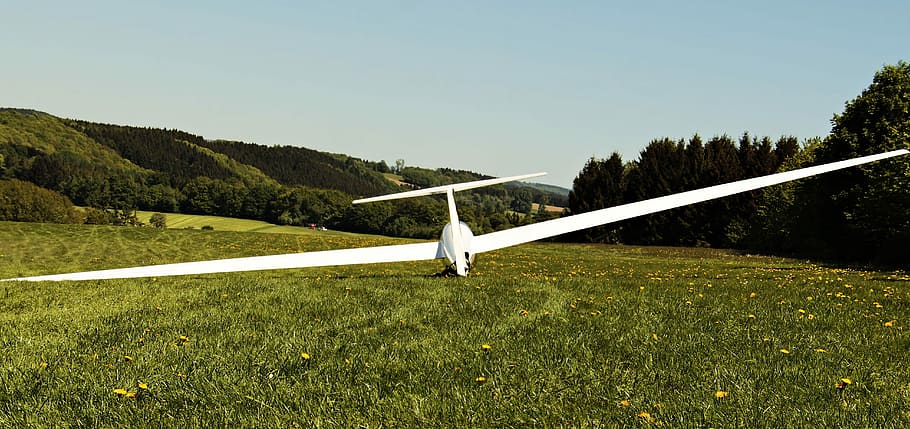 white, plane, green, grass field, glider, landscape, aircraft, air sports, glide, air
