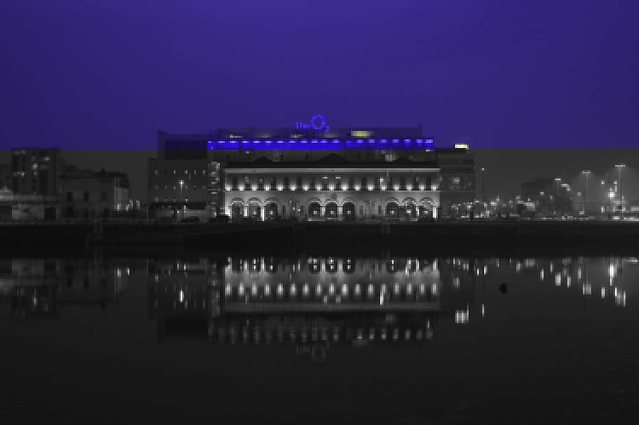 iluminado, edificio, cuerpo, agua, foto, azul, El O2, arena, teatro, entretenimiento