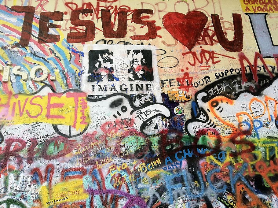 prague, jesus, czech republic, grafitty, imagine, lennon, colorful, heart, multi colored, text