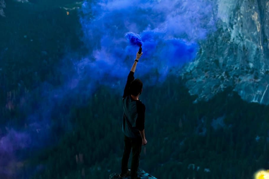 person, holding, blue, smoke, man, flair, guy, people, nature, mountains