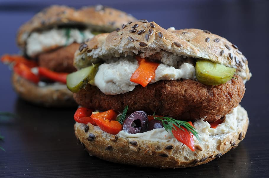 dua burger, sandwich, sandwich vegetarian, vegetarian, makanan, cahaya, sehat, roti, kedelai, vegan
