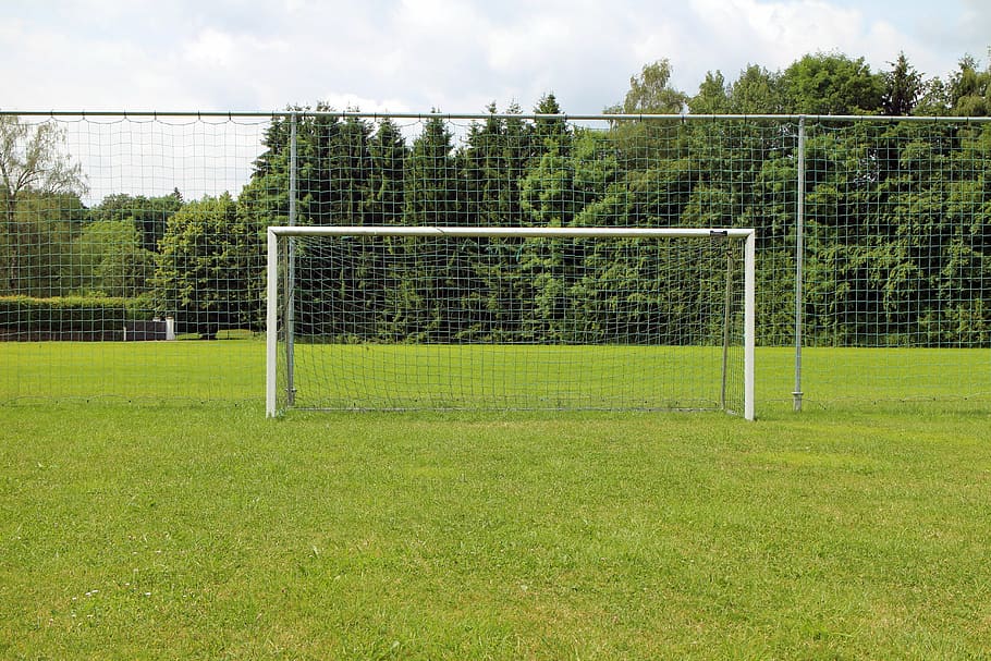 empty, white, metal goalie, screen fence, goal, football, rush, football goal, sport, network