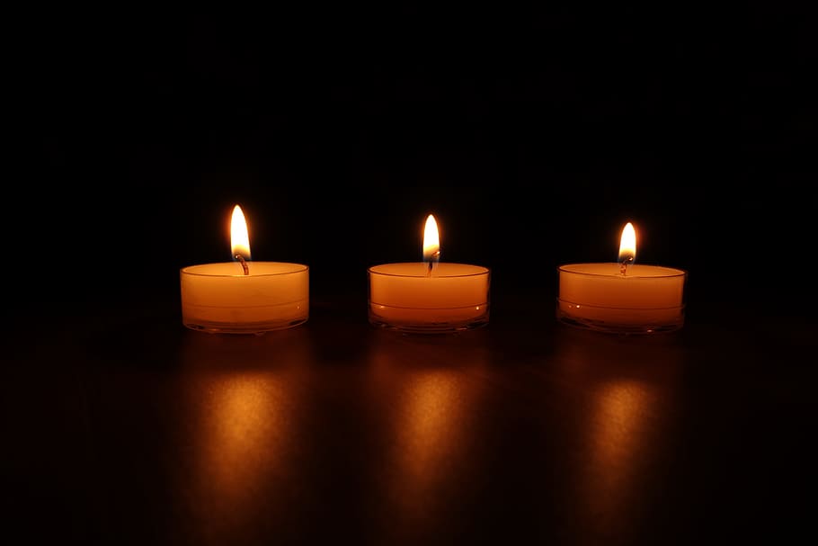 three orange candles, candles, candlelight, light, wax, candlestick, wick, romance, mood, tea lights