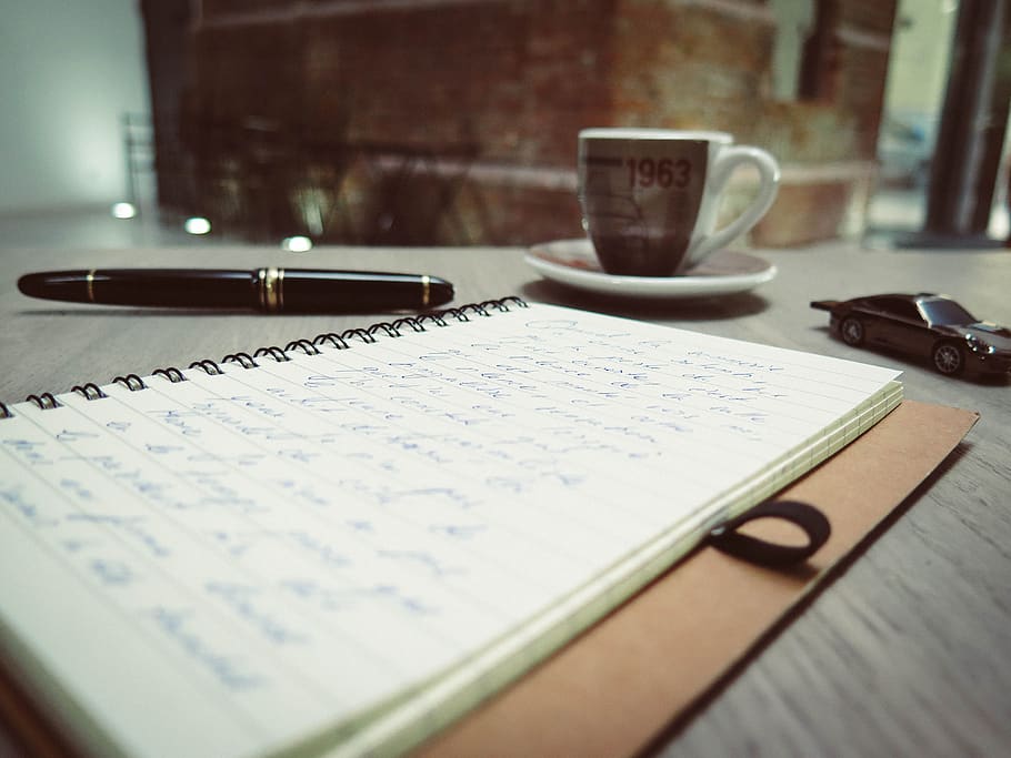 cuaderno, notas, diario, bolígrafo, café, escribir, negocios, usb, coche, bokeh