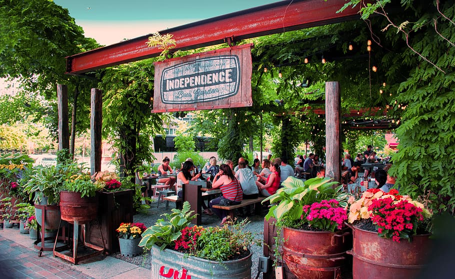 beer garden, philadelphia, flowers, plant, text, potted plant, business, western script, group of people, communication