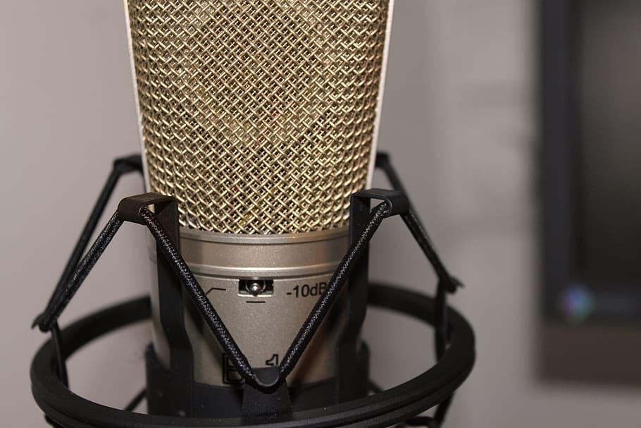 foto close-up, abu-abu, mikrofon kondensor, Mikrofon, Mikro, Musik, Rekaman, logam, studio musik, rekaman musik