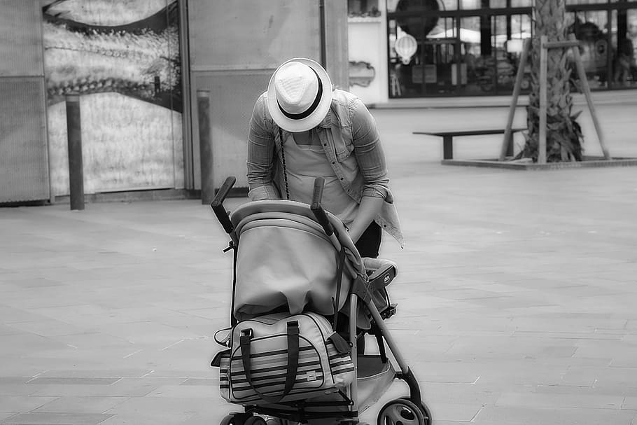 Stroller, Hat, Person, Black And White, inhabitants, black and white photo, woman, france, helmet, one person